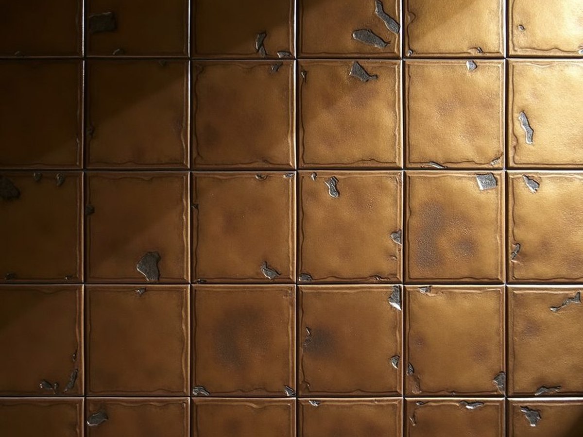 A wall of patinated bronze tiles catching low light.