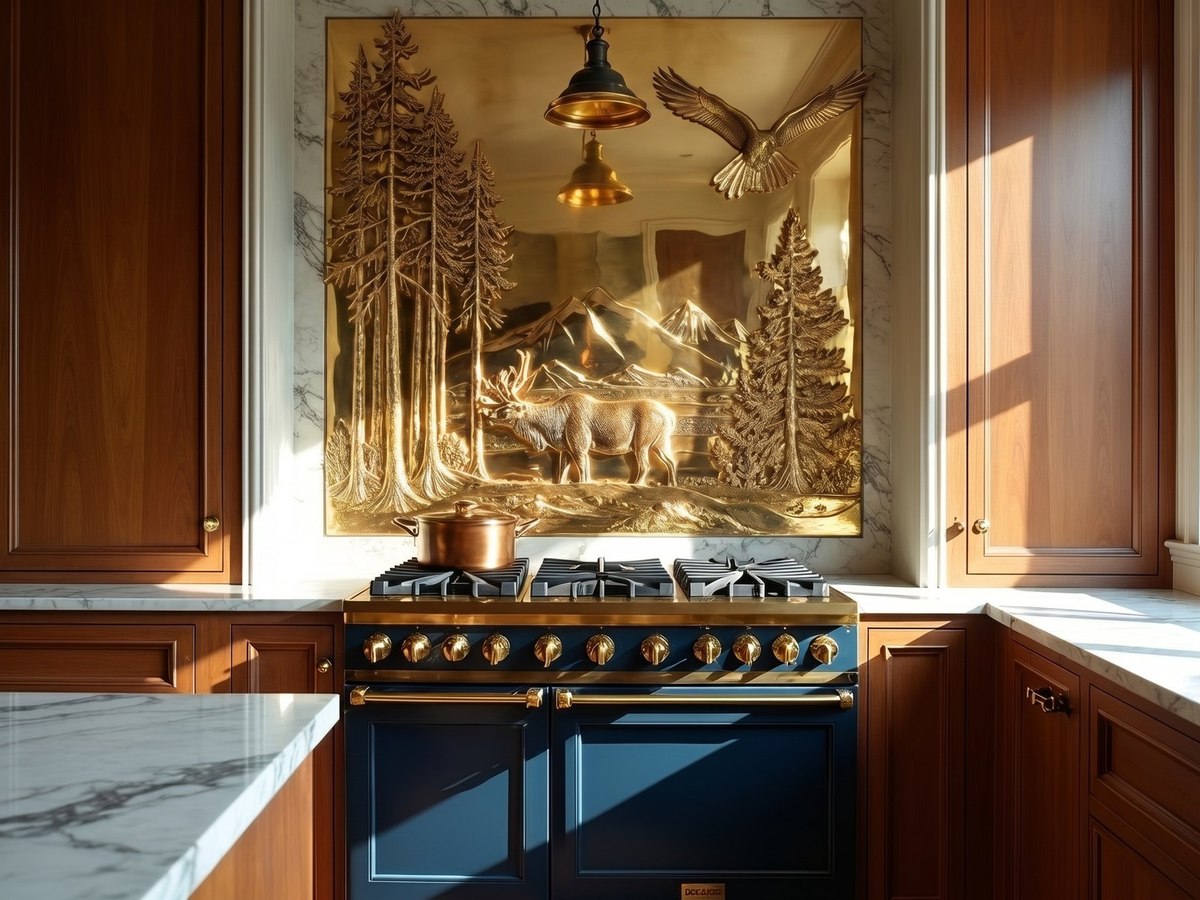 A bronze mountain relief installed as a kitchen splashback in a brass finish.