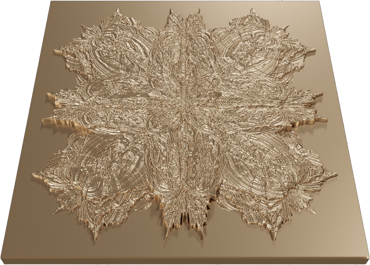 A cast bronze relief tile, its carved surface catching raking light.
