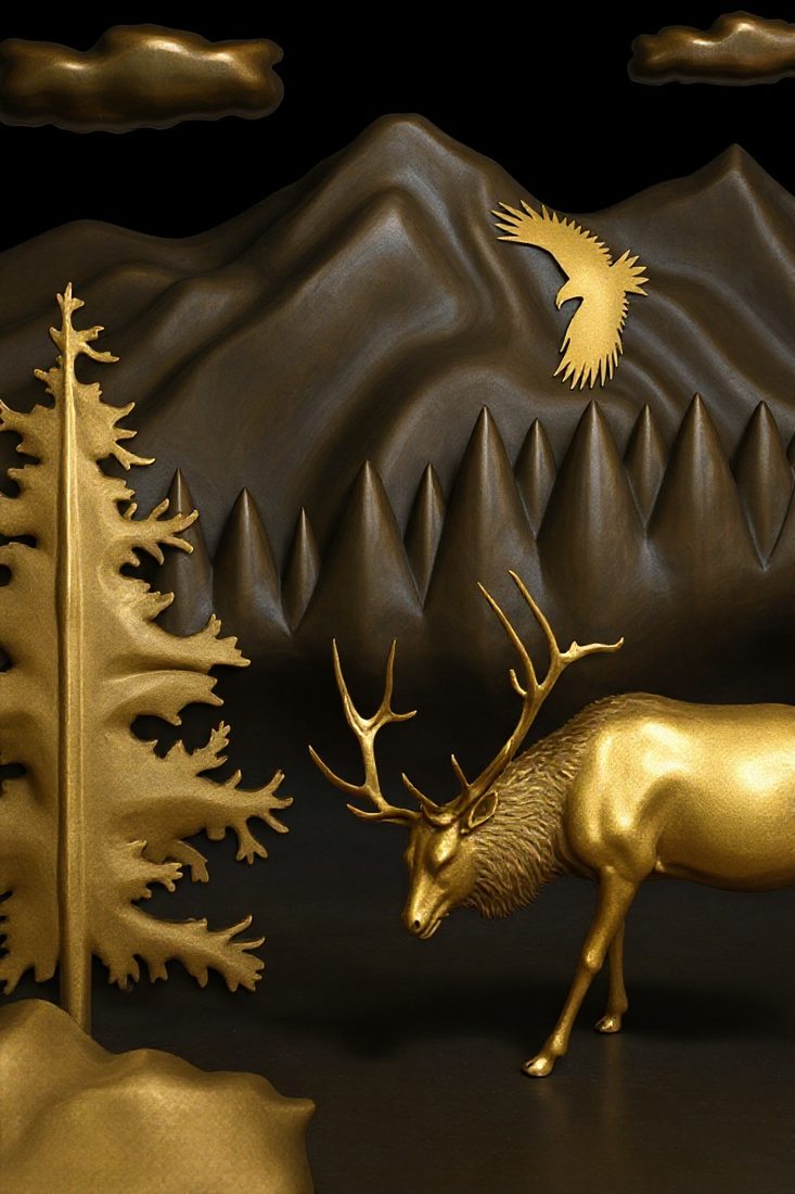 Hand-carved bronze relief — a Rocky Mountain elk scene