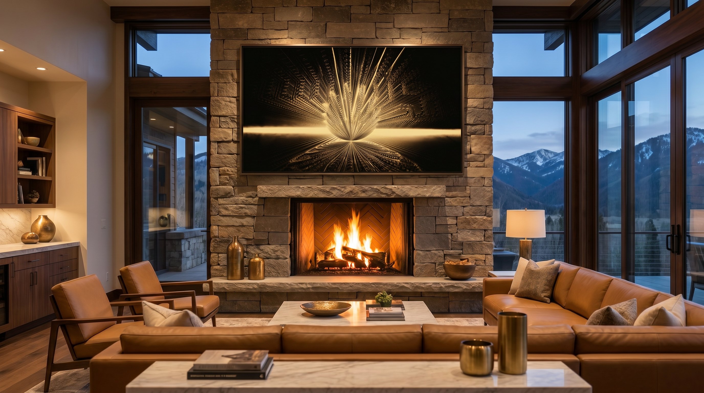 The bronze edition shown as a large framed metal print above a stone hearth in a Sun Valley mountain residence