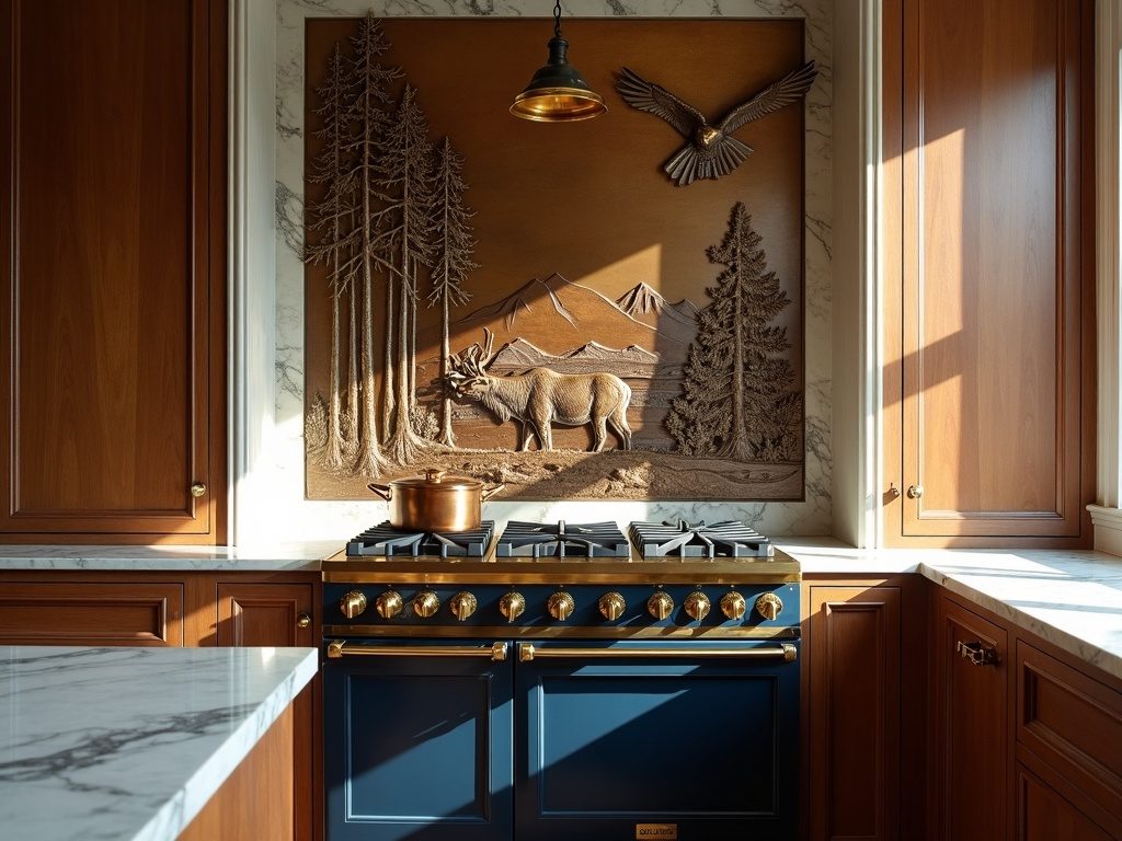 Bronze relief panel set in a kitchen beside a brass range